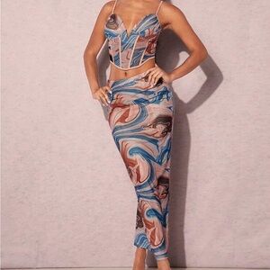 Blue and Orange Maxi Pencil Skirt Set